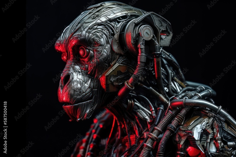 Poster red baboon mechanical robot on black background generative ai