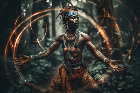 African male dancer performing traditional magic ritual dance in a jungle envoking spirits. AI generative.