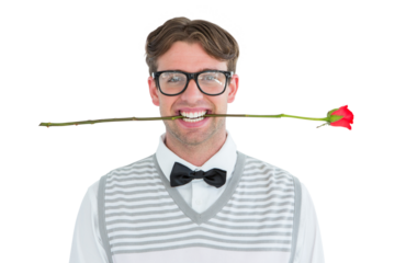 Geeky hipster holding a red rose in his teeth