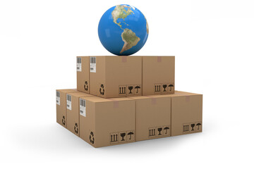 Digital composite image of globe on boxes
