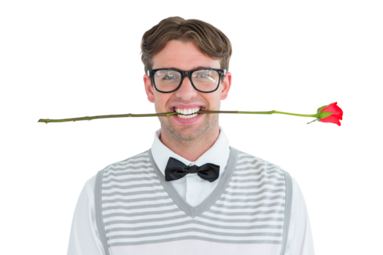 Geeky hipster holding a red rose in his teeth - Powered by Adobe