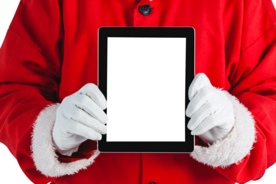 Midsection of Santa Claus holding digital tablet 