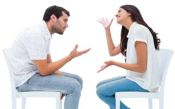 Couple sitting on chairs arguing