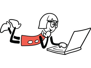 Female cartoon using laptop while lying