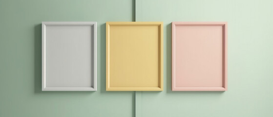 Three blank elegant light pastel panels on a colourful wall, mockup of empty framed posters. Ai 3d artwork template in minimal interior design. Minimalist stylish illustration, copy space