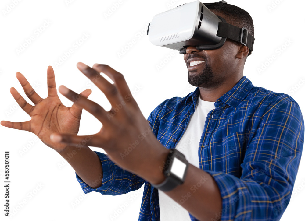 Poster man gesturing while using virtual reality headset