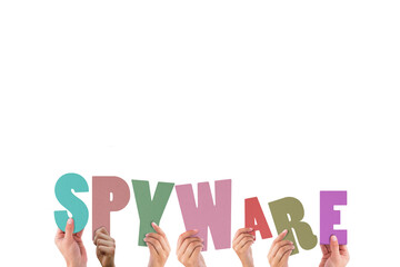 Colorful alphabet spelling spyware held up by people 