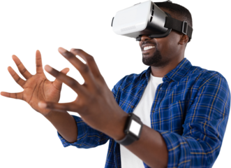 Man gesturing while using virtual reality headset