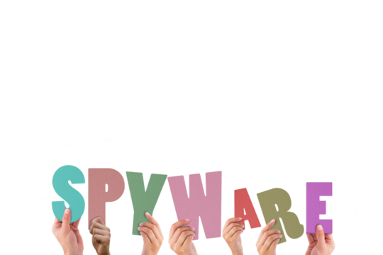 Colorful alphabet spelling spyware held up by people 