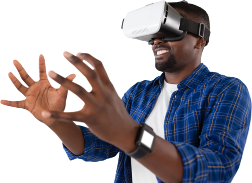 Man gesturing while using virtual reality headset