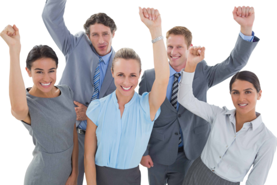 Excited business team cheering at camera
