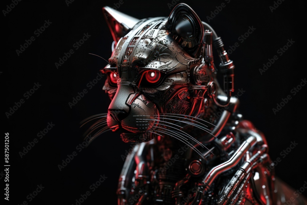 Aufkleber red cat mechanical robot on black background generative ai
