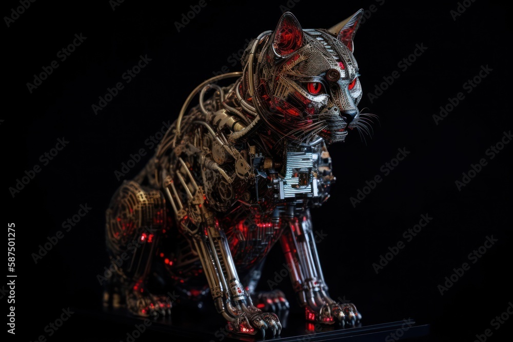 Poster red cat robotic creature on black background generative ai
