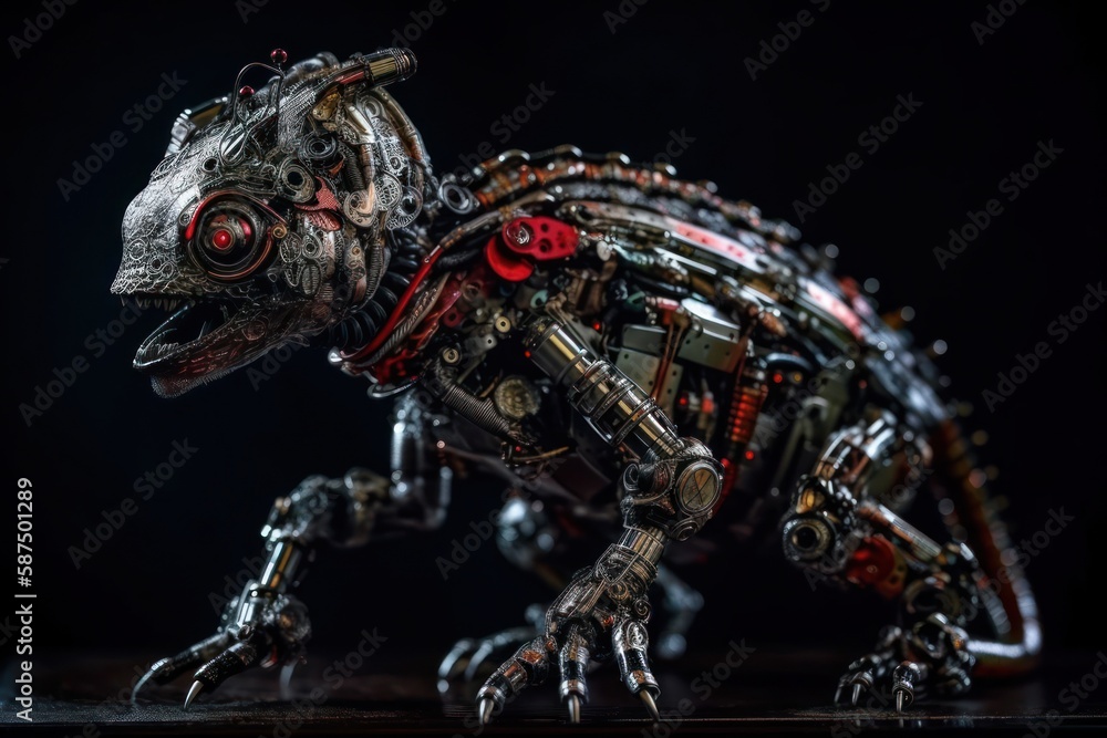 Aufkleber red chameleon cyber robot on black background generative ai
