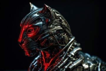Red Cat Robot On Black Background Generative AI