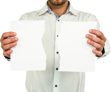Midsection of man showing torn papers