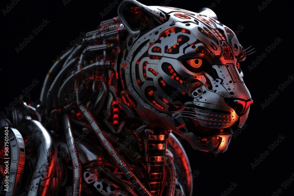 Poster red cheetah mechanized robot on black background generative ai