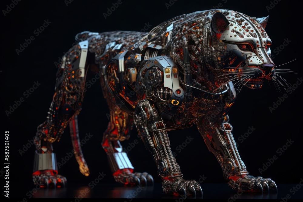Poster red cheetah mechanized robot with copyspace generative ai