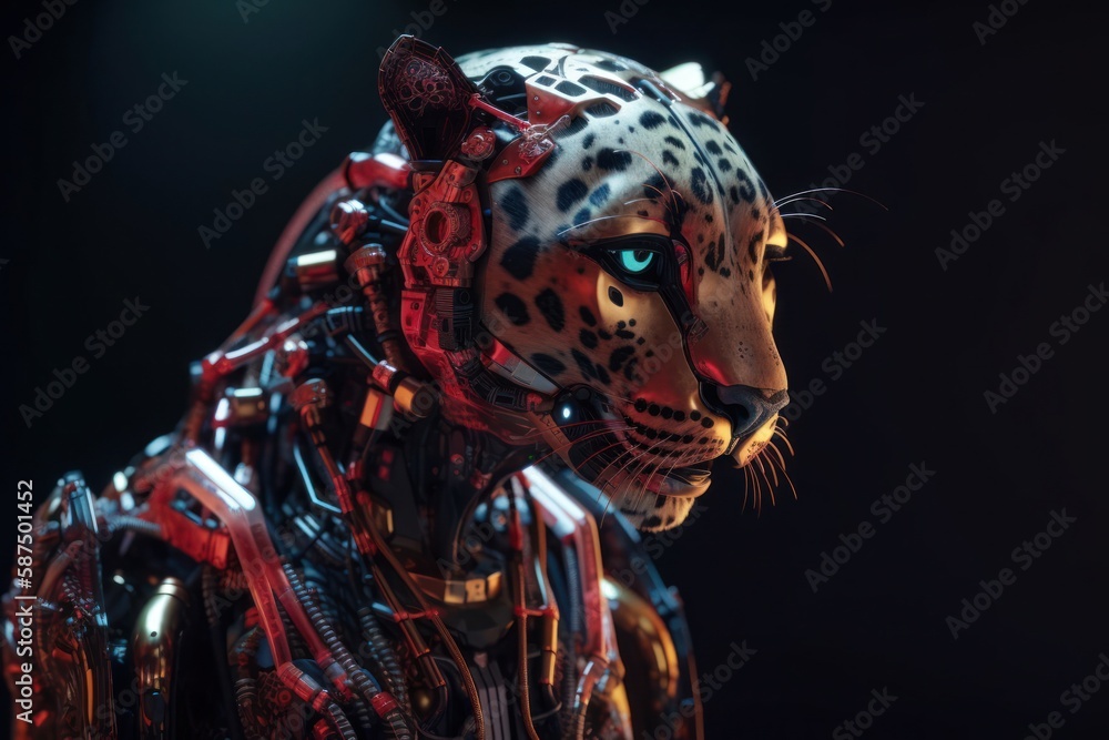 Poster red cheetah robot on black background generative ai