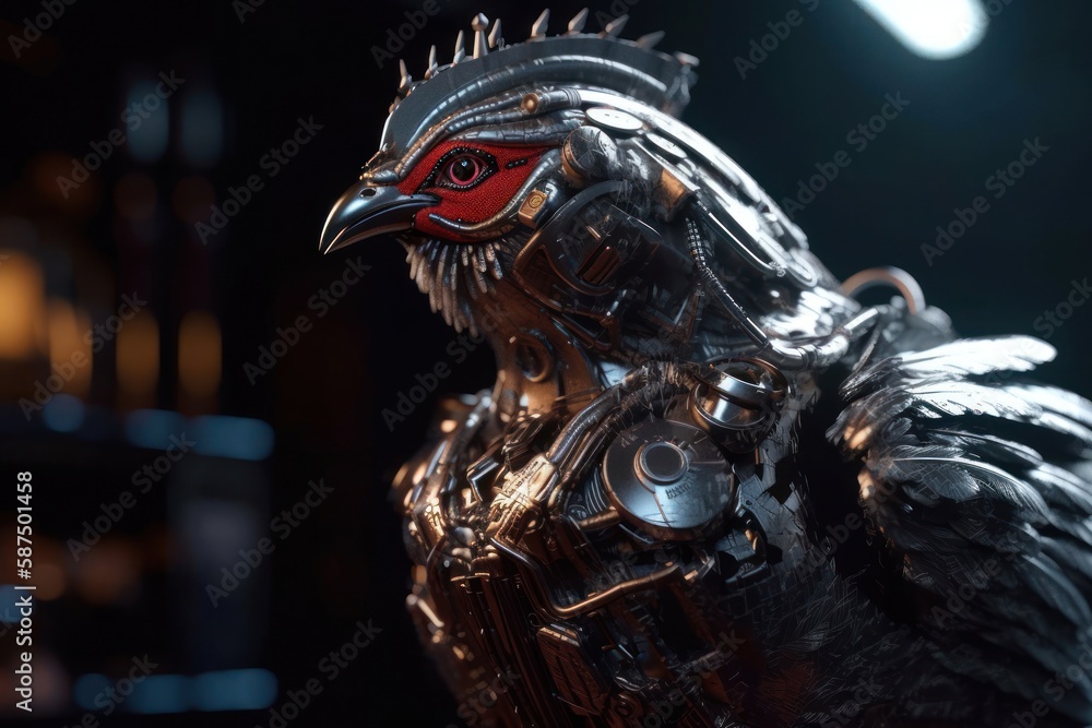 Poster red chicken mechanical robot with copyspace generative ai
