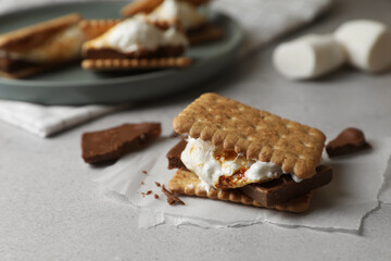 Delicious marshmallow sandwiches with crackers and chocolate on light grey table, closeup