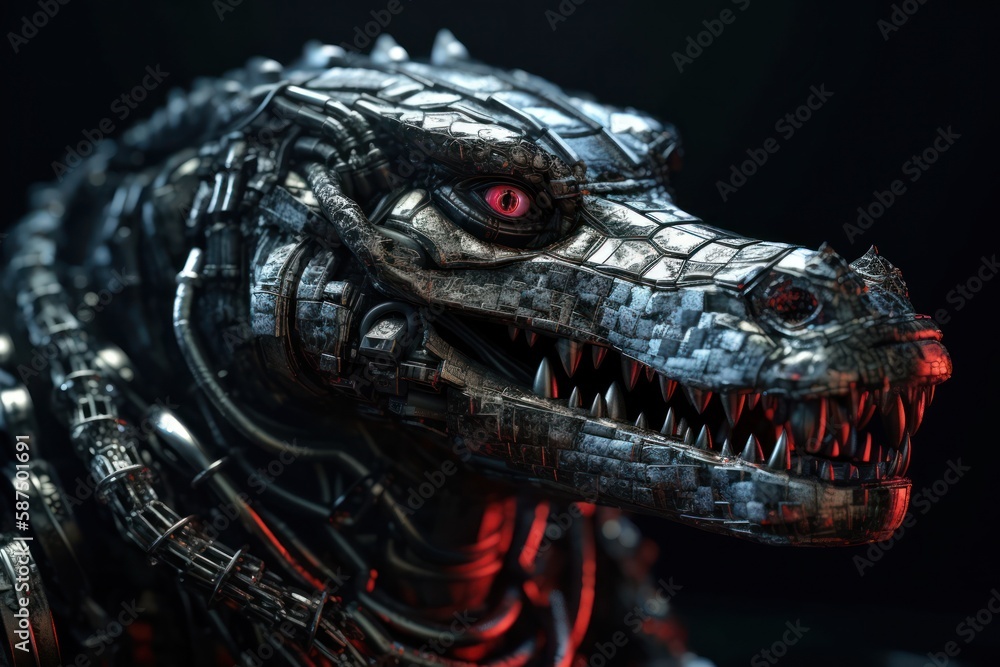 Poster red crocodile futuristic robot with copyspace generative ai