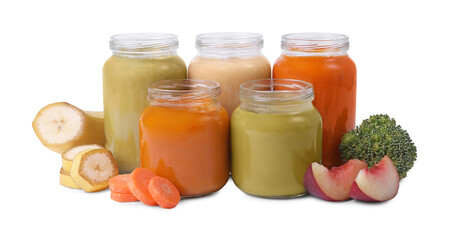 Jars of healthy baby food and ingredients isolated on white