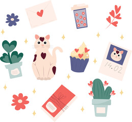 illustration of a set of icons. cartoon icons. cat . photo, cactus, twigs of flowers, flowers. valentine's day