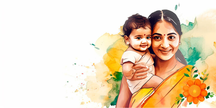 beautiful young indian woman mother with a child, colorful watercolor banner with space for text