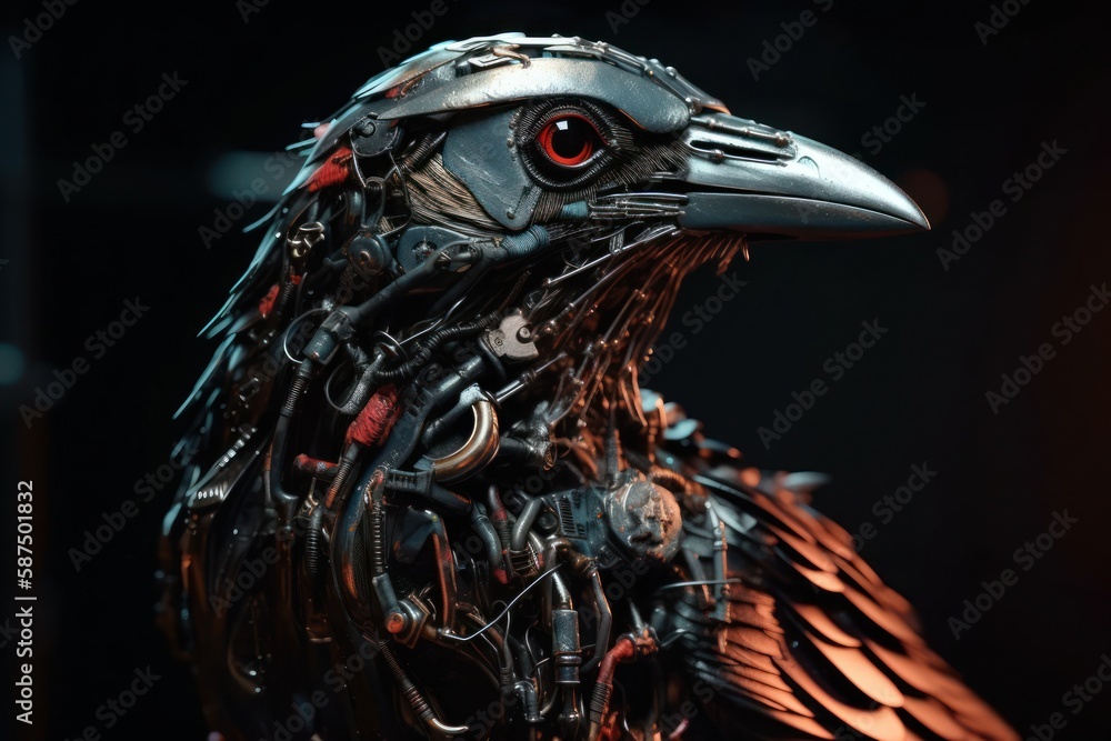 Poster red crow mechanized robotic creature portrait generative ai