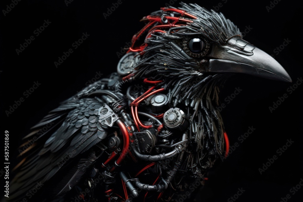 Poster red crow robotic creature on black background generative ai