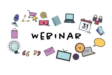 Webinar text amidst various icons