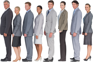 Business team standing in row and smiling at camera