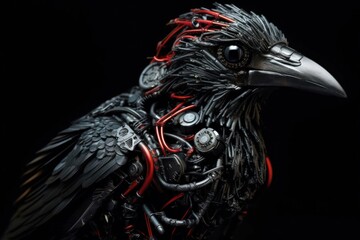 Red Crow Robotic Creature On Black Background Generative AI