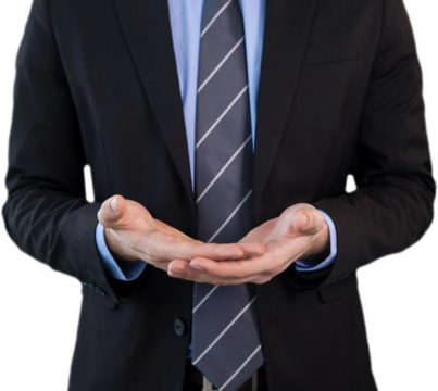 Mid section of businessman wearing suit while standing with hands cupped - Powered by Adobe