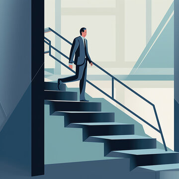 Businessman walking down stairs, illustration graphic, generative AI