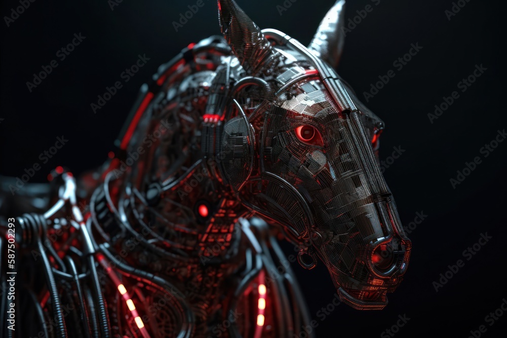Poster red donkey mechanical robotic creature with copyspace generative ai