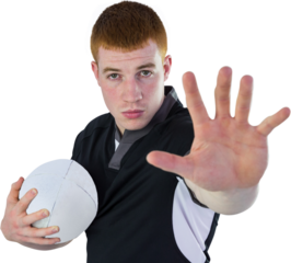 Rugby player gesturing stop sign