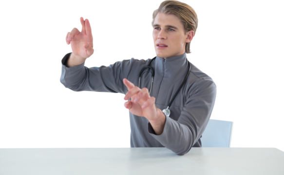 Male doctor touching imaginary interface screen while sitting at table