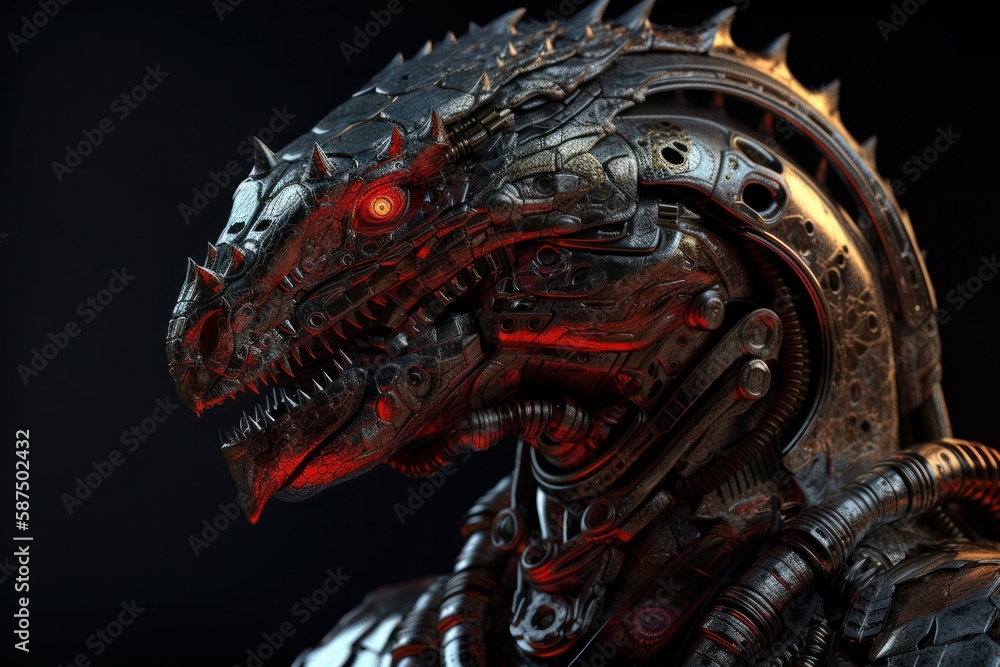 Poster red dragon mechanized robot on black background generative ai