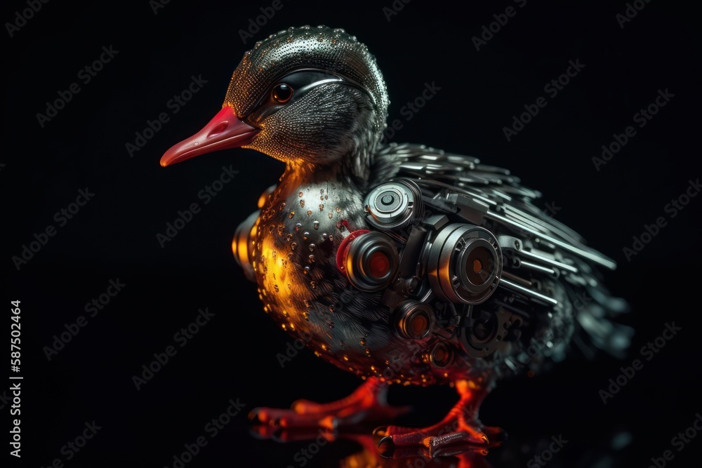 Poster red duck cyber robot portrait generative ai