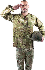Portrait of confident soldier holding helmet while saluting 