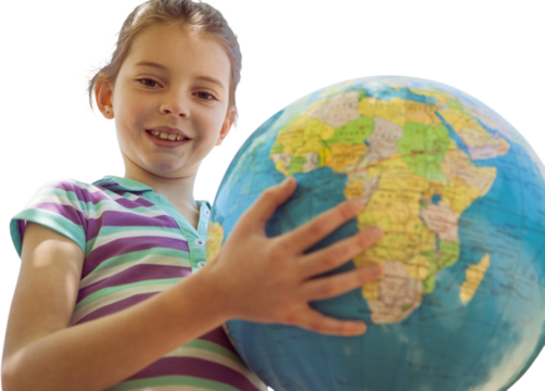Cute little girl holding globe - Powered by Adobe