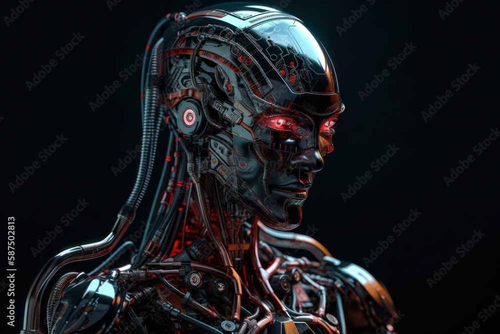 Poster red female mechanical robot with copyspace generative ai