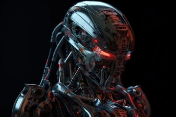 Fototapeta premium Red Female Robotic Creature On Black Background Generative AI