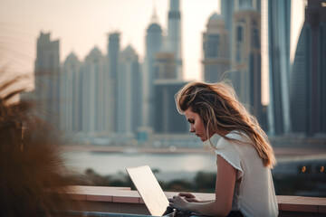 Fototapeta premium Young woman sitting in Dubai marina and doing work on laptop. Student or freelancer lifestyle. High quality generative ai