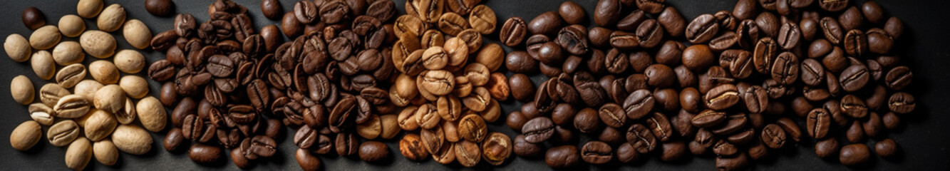 Naklejka premium Panoramic banner with coffee beans, close-up on many different kinds on black background, AI generative