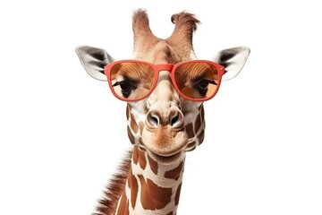 Funny Giraffe wearing read sunglasses isolated on white background. Generative AI