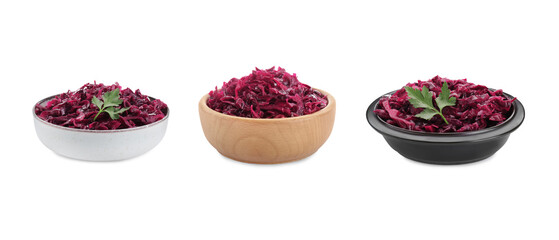 Collage with bowls of tasty red sauerkraut on white background