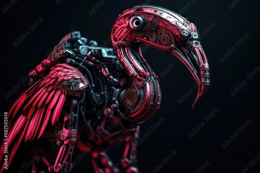 Poster red flamingo futuristic robotic creature with copyspace generative ai
